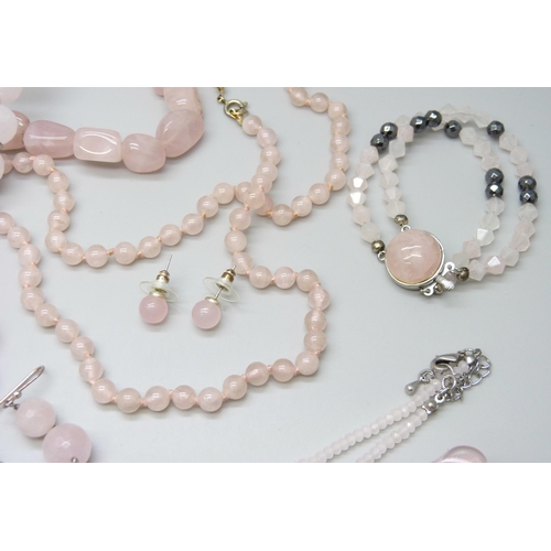 7115 - A collection of rose quartz jewellery - necklaces and bracelets, and a pair of glass drop earrings