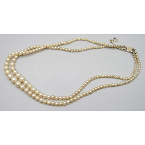 7117 - A double row graduated pearl necklace with a yellow metal pearl set clasp, 26g, shortest string 38cm