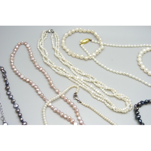 7119 - A collection of pearl jewellery - Six necklets and six bracelets including baroque and cultured