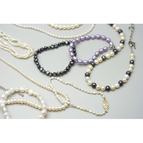 7119 - A collection of pearl jewellery - Six necklets and six bracelets including baroque and cultured