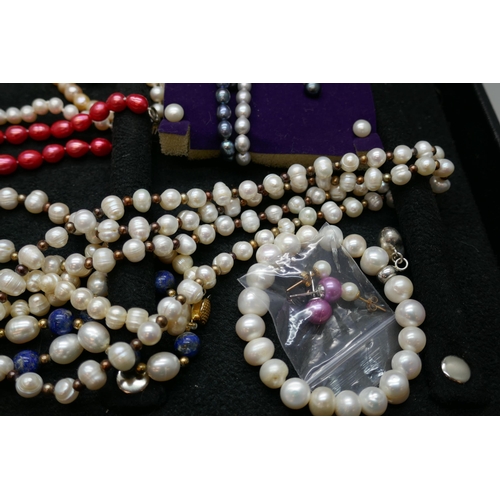 7158 - A selection of pearl necklaces, various lengths and colours, including silver clasps