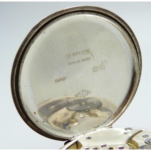 7178 - A fifteen jewel pocket watch, the dial marked Cyma, in a silver Dennison case, Birmingham 1937, with... 