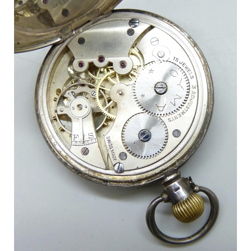 7178 - A fifteen jewel pocket watch, the dial marked Cyma, in a silver Dennison case, Birmingham 1937, with... 