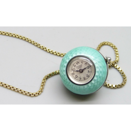 7182 - A .935 silver Bucherer enamelled ball watch pendant on a plated chain