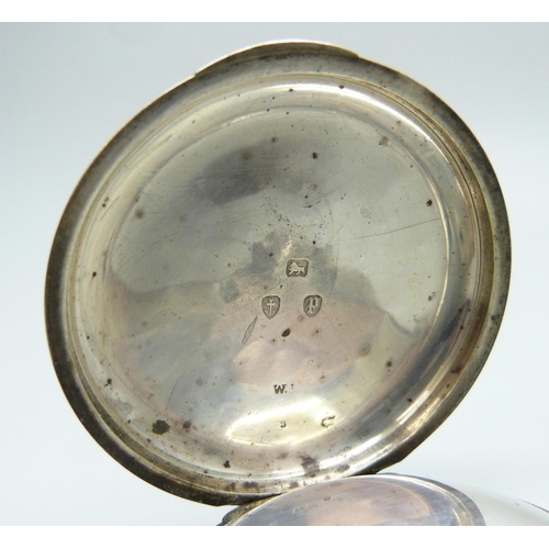 7186 - A silver full hunter pocket watch, Birmingham 1889, (lacking glass)