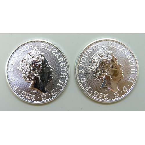 7202 - Two 2020 1oz 999 fine silver £2 Britannia coins