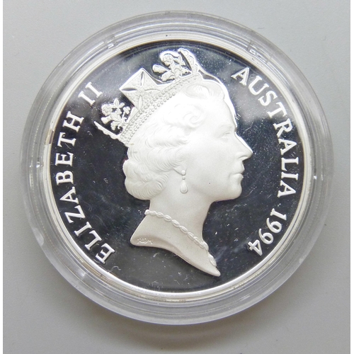 7206 - An Australia 1994 5 dollars John McDouall Stuart 1 ounce fine silver proof coin, Queen Elizabeth on ... 