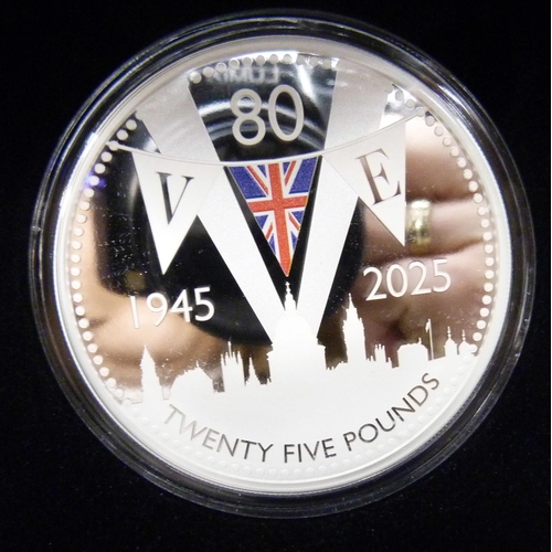 7228 - 1945 - 2025, The 80th anniversary of VE Day, twenty five pounds fine silver proof 5oz coin, boxed an... 