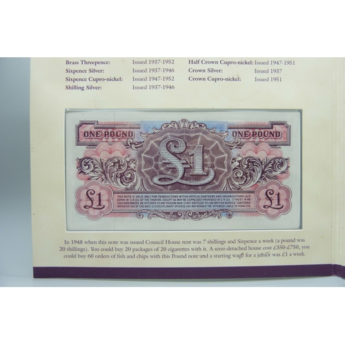 7232 - Two King George VI Coronation stamp, One Pound note, and coin sets 1937-1952