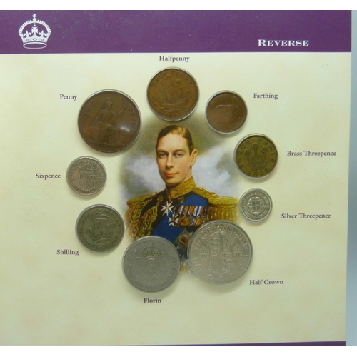 7232 - Two King George VI Coronation stamp, One Pound note, and coin sets 1937-1952