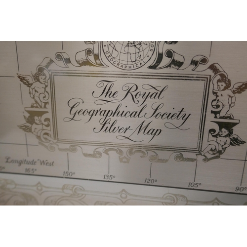 7248 - A framed silver map, The Royal Geographical Society Silver Map, hallmarked London 1977, 70 x 51cm in... 