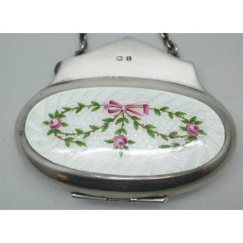 7251 - A silver and guilloche enamel purse with hand painted rose and bow decoration, Birmingham 1910, 6.9c... 