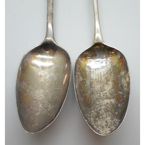 7254 - Two George III silver serving spoons, 1797 and 1798, one by Jonathan Perkins I & Jonathan Perkins II... 