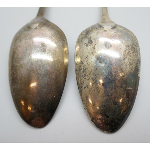 7254 - Two George III silver serving spoons, 1797 and 1798, one by Jonathan Perkins I & Jonathan Perkins II... 