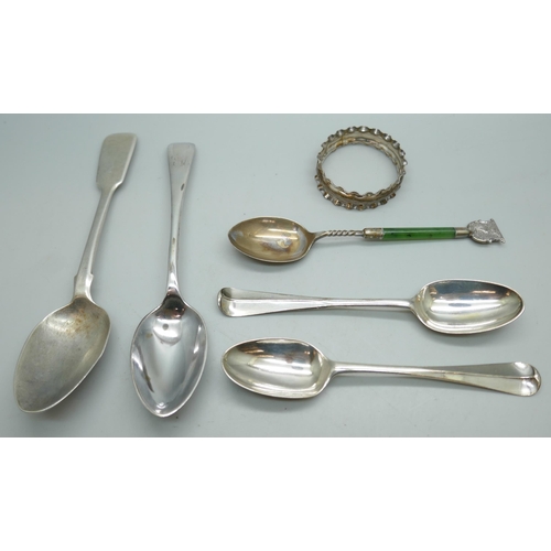 7258 - Five silver spoons and a napkin ring, 90g total weight