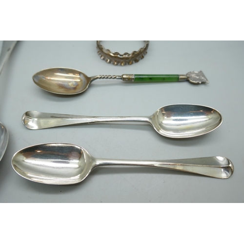 7258 - Five silver spoons and a napkin ring, 90g total weight