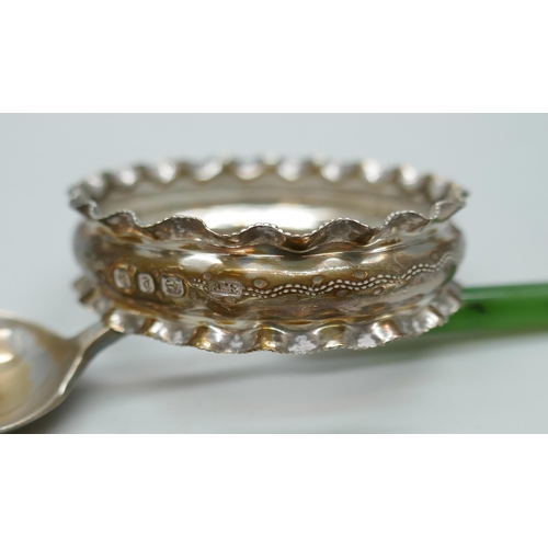 7258 - Five silver spoons and a napkin ring, 90g total weight