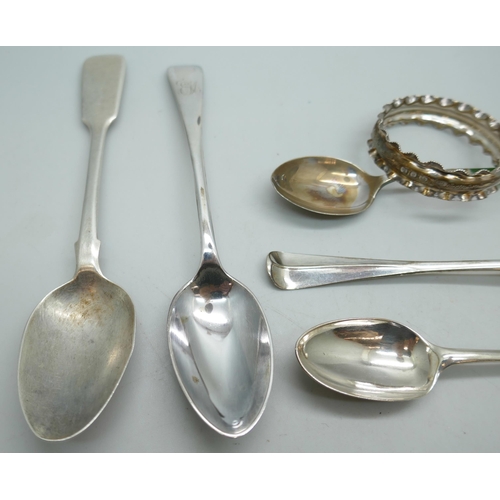 7258 - Five silver spoons and a napkin ring, 90g total weight