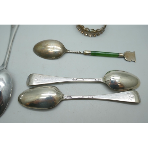 7258 - Five silver spoons and a napkin ring, 90g total weight