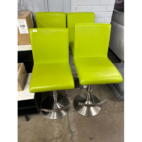 3076 - Four lime green stainless steel bar stools