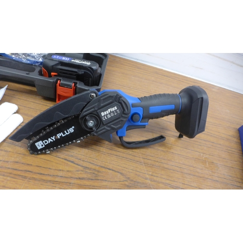 5006 - A Dayplus cordless chainsaw with 2 batteries, charger, gloves and a pair of safety glasses