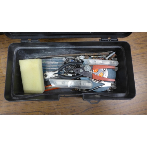 5019 - Three tool boxes containing various tools including players, clippers, knives and an assortment of c... 