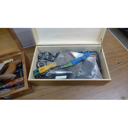 5027 - A large assortment of tools and toolboxes including knives, round wire nails, soldering iron, scisso... 