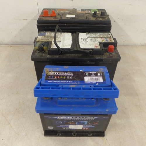 5299 - Three car batteries including a Halfords 12V battery, a Mercedes-Benz 12V battery and an Opti power ... 