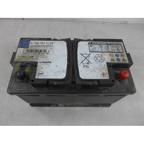 5299 - Three car batteries including a Halfords 12V battery, a Mercedes-Benz 12V battery and an Opti power ... 