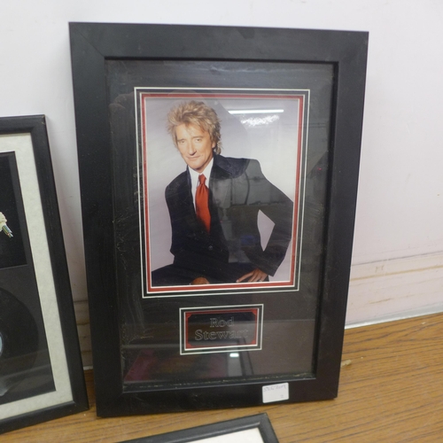 5083 - Three framed Rod Stewart photographs, two with discs (