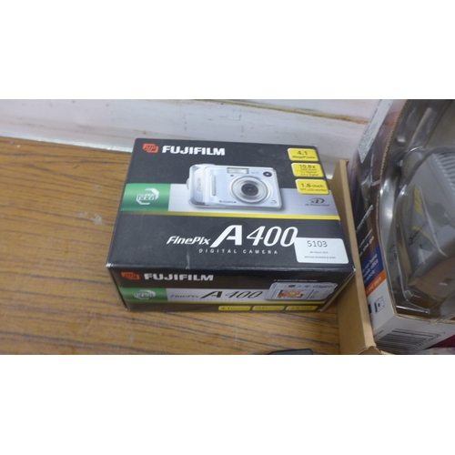 5103 - A quantity of assorted items including a Fujifilm Fonepix A400 camera (boxed) and olympus DS-5000 di... 