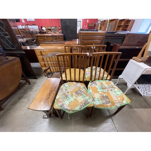 272 - A set of four mahogany dining chairs, beech chest of drawers, oak gateleg occasional table, teak nes... 