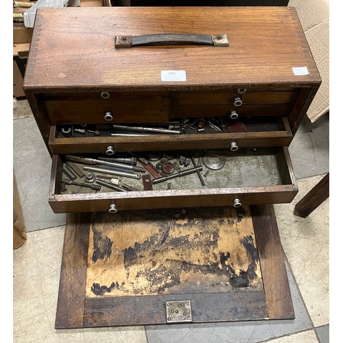 295 - An early 20th Century oak engineers chest, containing tools