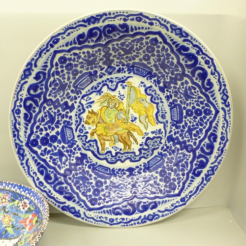 2002 - A large Turkish bowl and a large dish marked Talavera, dish 44cm