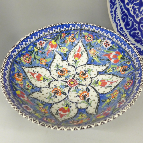 2002 - A large Turkish bowl and a large dish marked Talavera, dish 44cm