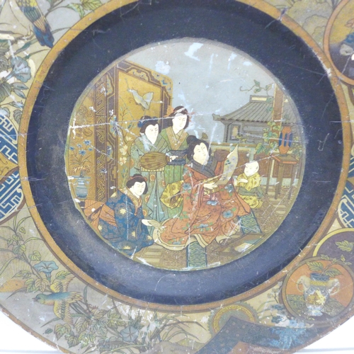 2003 - A Japanese papier-mache dish on pedestal stand, 34cm wide, detail worn and scratched