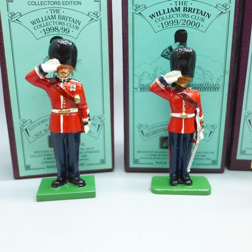 2015 - Five William Britain collectors club figures, 3x Scots Guards, RAF and Gurkha Truncheon Jemadar, box... 