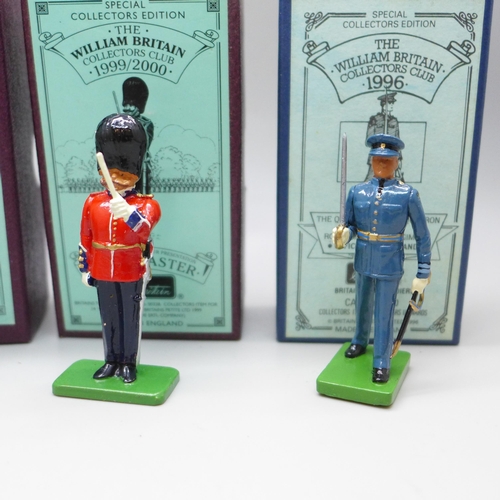 2015 - Five William Britain collectors club figures, 3x Scots Guards, RAF and Gurkha Truncheon Jemadar, box... 