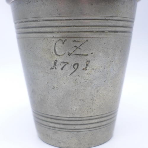 2021 - A pewter cup with inscription, 'CZ 1791', height 8.5cm