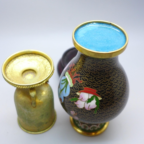 2021A - A mid 20th Century Chinese cloisonne vase with stand and a small gilt metal cup on a base with three... 