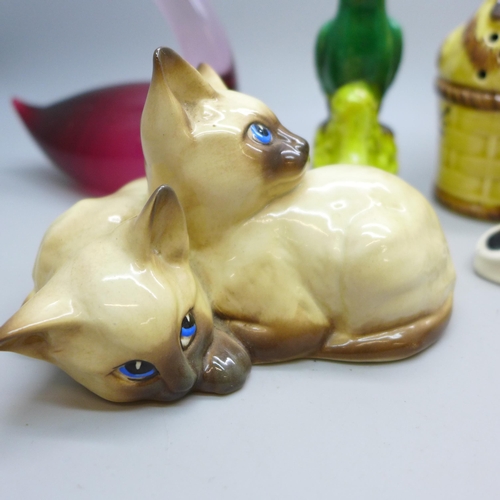 2032 - A Beswick Siamese cat figure, a Royal Doulton Jack Russell dog figure, a/f, a Szeiler ceramic small ... 