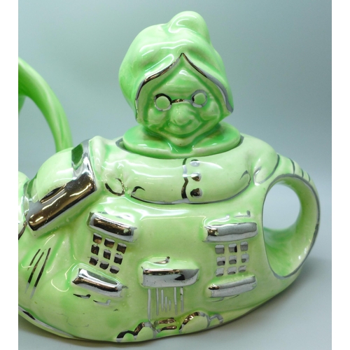 2033 - An Old Woman In Shoe teapot, Lingard Webster in green and silver and a Little Old Lady teapot in gre... 