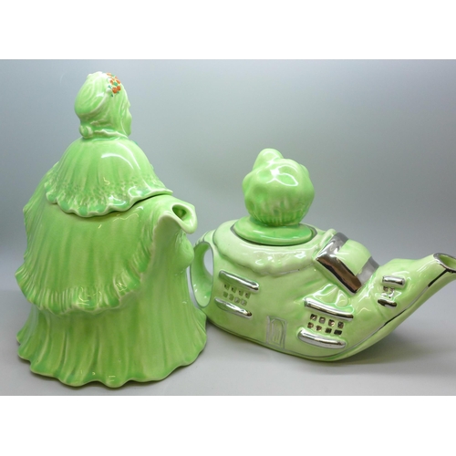 2033 - An Old Woman In Shoe teapot, Lingard Webster in green and silver and a Little Old Lady teapot in gre... 