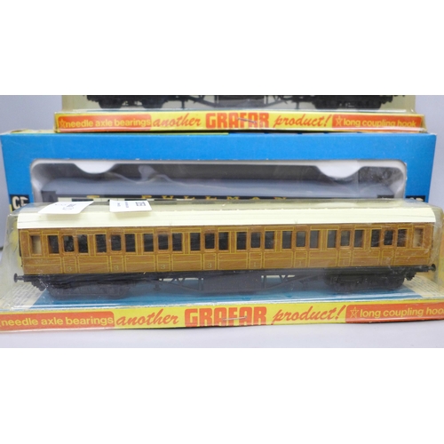 2053 - Six Graham Farish 00 gauge model railway carriages and a wagon, all boxed