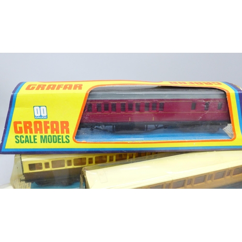 2053 - Six Graham Farish 00 gauge model railway carriages and a wagon, all boxed