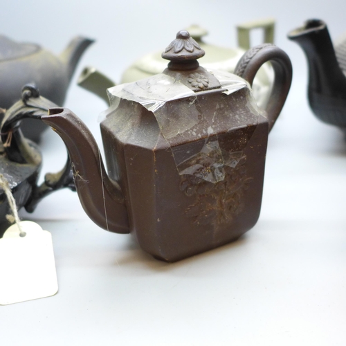 2074 - Six small 19th century teapots including Wedgwood black basalt, all a/f