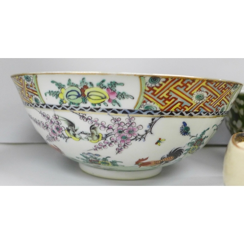 2078 - A collection of Chinese pottery including a 1980s bowl decorated in green and a Hong Kong Rooster bo... 