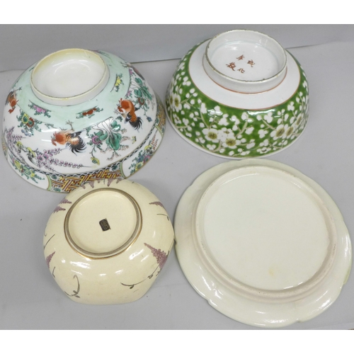 2078 - A collection of Chinese pottery including a 1980s bowl decorated in green and a Hong Kong Rooster bo... 