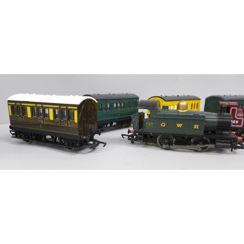 2080 - Two Hornby 00 gauge model locomotives, seven coaches, one lacking roof and a wagon