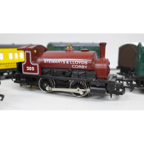 2080 - Two Hornby 00 gauge model locomotives, seven coaches, one lacking roof and a wagon